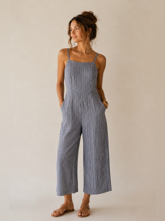 Old Navy Pants - Old Navy Striped Blue Cropped Jumpsuit with Spaghetti Straps and pockets